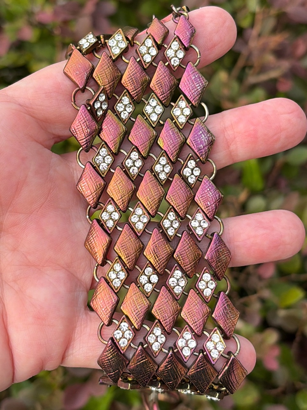 Vintage 90’s Iridescent Copper Purple Wide Rhinestone Lattice Cuff Bracelet
